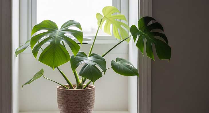 bonita y grande maceta con una monstera debajo de la iluminación de una ventana