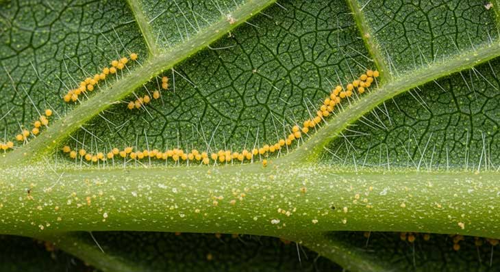 Primer plano del envés de una hoja de hiedra mostrando los signos de una plaga de araña roja, con punteado amarillento y finas telarañas.