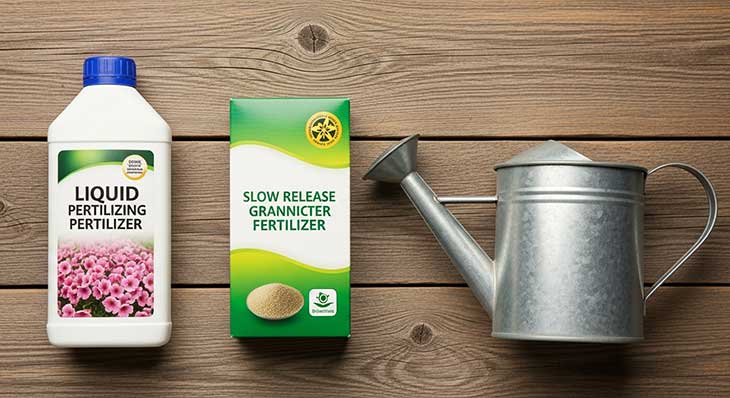Diferentes tipos de fertilizante para petunias, incluyendo abono líquido y granulado, junto a una regadera sobre una mesa de madera.