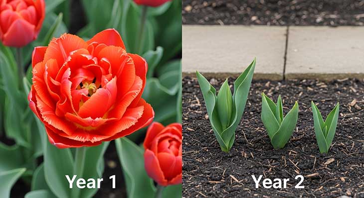 comparativa de tulipán rojo de un año de diferencia
