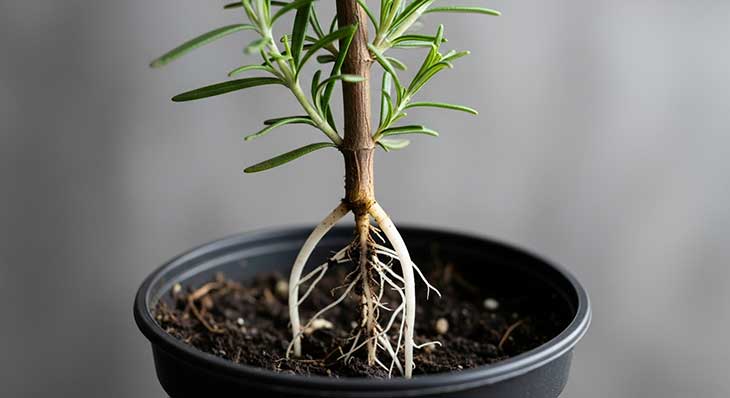 Primer plano de un esqueje de romero enraizado, mostrando un sistema de raíces blancas y sanas que confirman el éxito de la propagación.