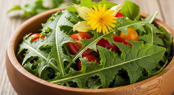 Ensalada fresca y saludable en un bol de madera, mostrando el uso culinario de las hojas tiernas y los pétalos de diente de león.