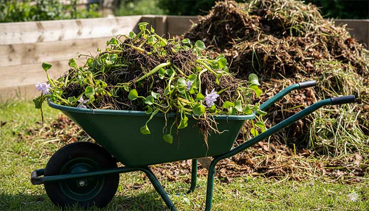 Carretilla llena de la biomasa de Jacinto de Agua retirada, mostrando su uso beneficioso como un excelente activador para el compost.