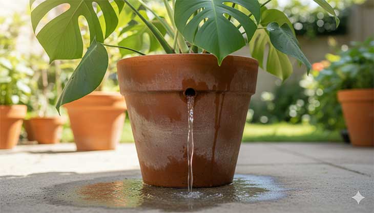 Agua saliendo por el agujero de drenaje de una maceta de Costilla de Adán, ilustrando la importancia de un sustrato y maceta con buen drenaje.