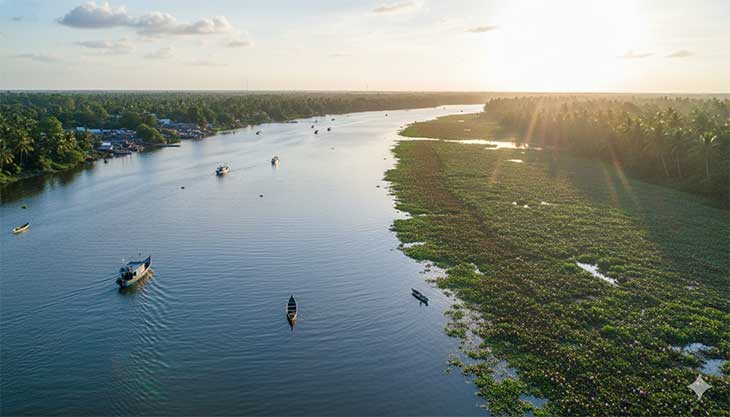 Paisaje de un río que muestra el éxito de un programa de control del Jacinto de Agua, con una zona de agua clara y otra todavía cubierta por la plaga.