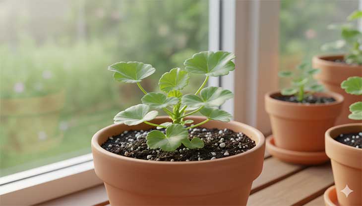 Un esqueje de geranio ya enraizado y trasplantado, mostrando nuevo crecimiento con hojas verdes y sanas, resultado de una propagación exitosa.