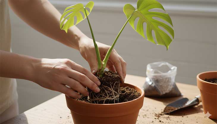 Manos de un jardinero trasplantando un esqueje de Monstera enraizado en agua a una maceta con sustrato fresco.
