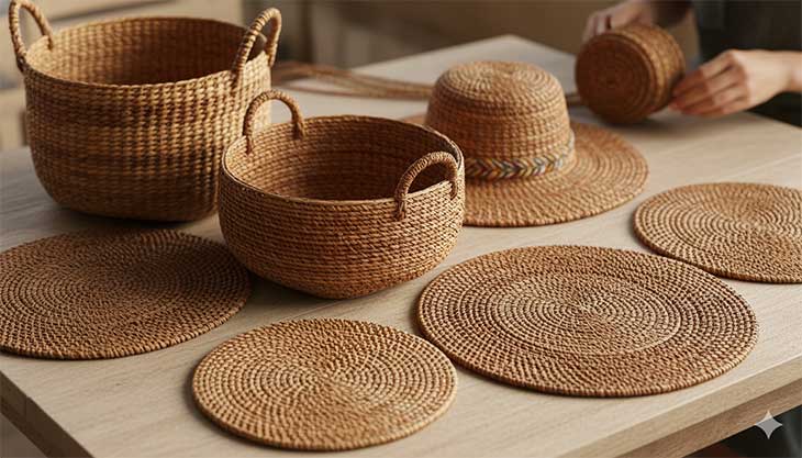 Colección de cestas y objetos de artesanía tejidos a mano con la fibra seca de la planta del Jacinto de Agua.