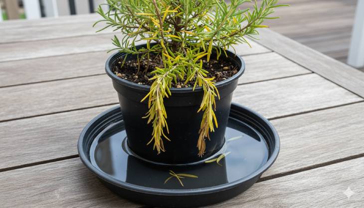 Planta de romero con hojas amarillas en una maceta encharcada, mostrando los síntomas del exceso de riego y la pudrición de la raíz.