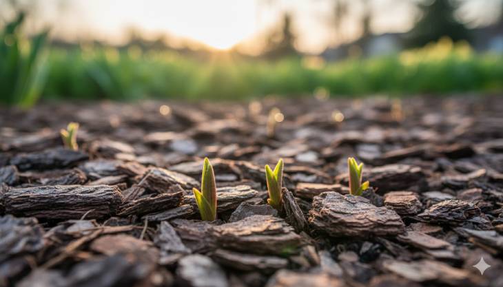 Primeros brotes de lirio de color rojizo emergiendo de la tierra en primavera, mostrando el éxito de la plantación de otoño.