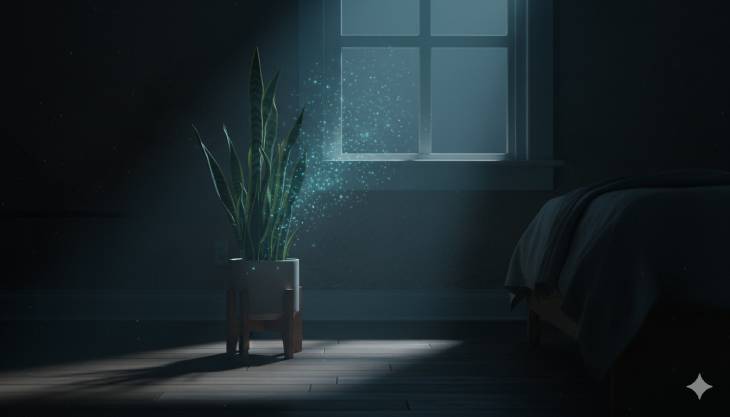 Planta de Lengua de Suegra en una habitación por la noche, representando su capacidad de liberar oxígeno mientras duermes gracias a la fotosíntesis CAM.