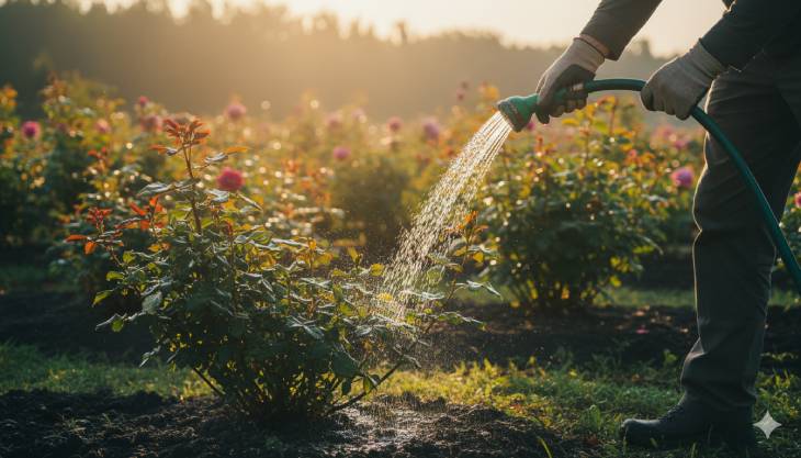 Jardinero regando la base de un rosal por la mañana para mantener el follaje seco, una técnica clave para prevenir la Mancha Negra y el oídio.