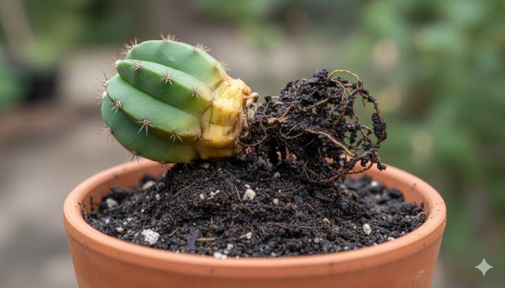 Primer plano de la base de un cactus con pudrición de raíz, mostrando el tejido blando y amarillo causado por el exceso de riego.