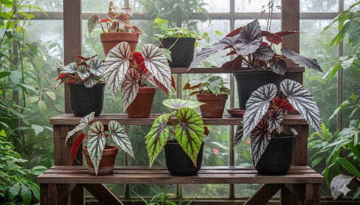 Colección de diversas Begonias Rizomatosas en una estantería, mostrando la increíble variedad de colores y patrones de sus hojas, como la Begonia rex y la Cruz de Hierro.