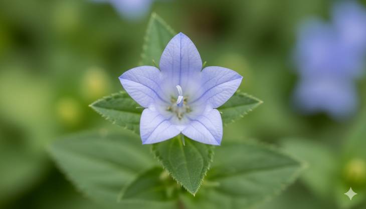Fotografía macro de una flor de Campanula carpatica de color azul, mostrando su característica forma de copa abierta y las hojas en forma de corazón.