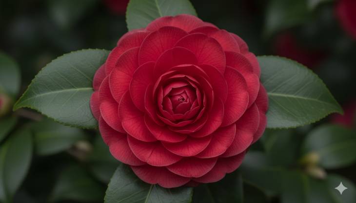 Primer plano de una opulenta flor doble de Camelia japonica de color rojo, mostrando su forma perfecta similar a una rosa.