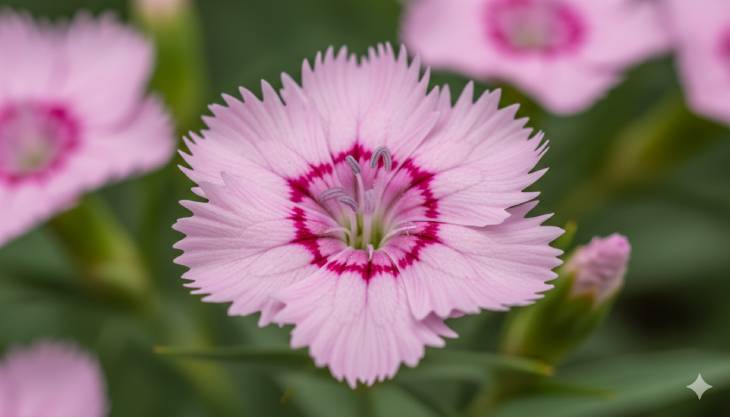 Primer plano de una flor de Clavel del Poeta (Dianthus plumarius) mostrando sus característicos pétalos desflecados y su centro de color.