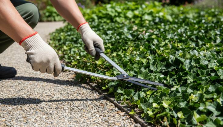 Jardinero podando una hiedra cubresuelos con cizallas para mantener sus bordes definidos y bajo control.