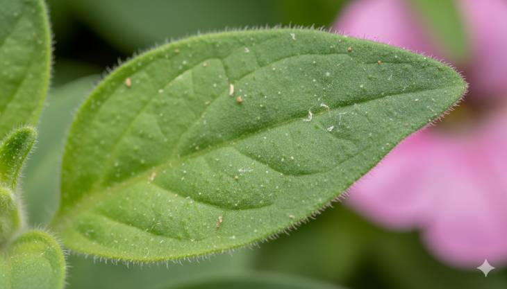 Primer plano de una hoja de petunia sana mostrando su textura pegajosa natural, una característica normal de la planta.