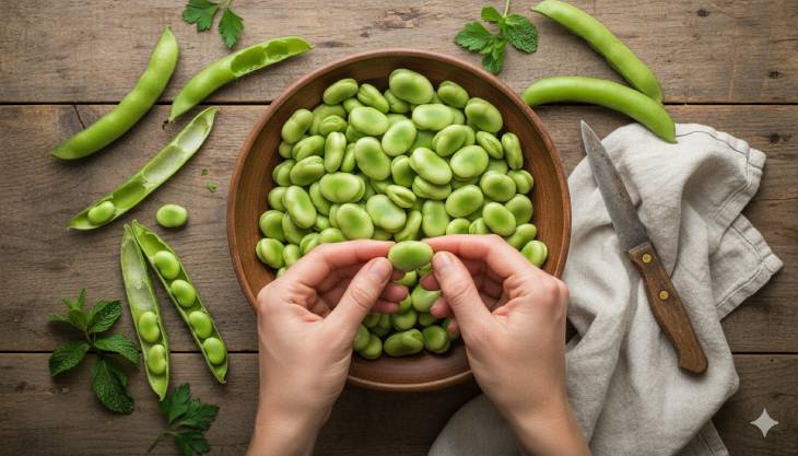 plato lleno de habas peladas.