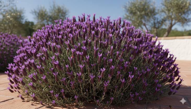 Arbusto de Lavanda Española mostrando sus características flores con brácteas superiores que parecen alas de mariposa.