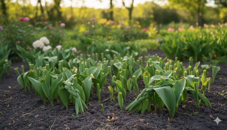 Error común en el cuidado de tulipanes, mostrando el follaje cortado prematuramente, lo que impide que el bulbo almacene energía.