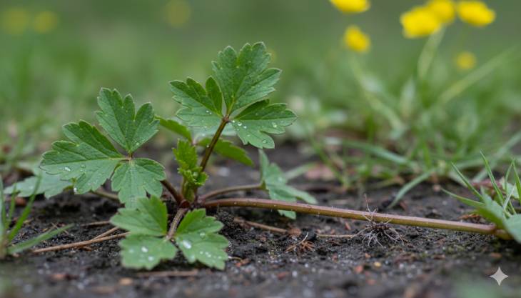 Detalle de las hojas compuestas y los estolones rastreros de la planta del Botón de Oro (Ranunculus repens), clave para su identificación.
