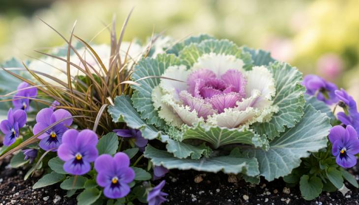 Primer plano de una col ornamental plantada junto a pensamientos, mostrando un contraste de texturas y colores en el jardín de otoño.