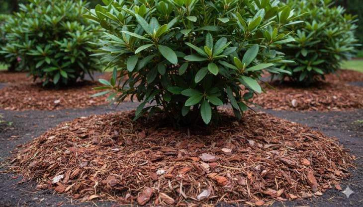 Acolchado de corteza de pino en la base de un Rododendro, una técnica clave para mantener el suelo ácido.