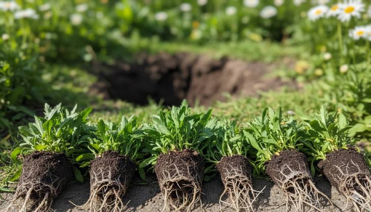 Divisiones de Margarita Shasta listas para ser replantadas, mostrando el resultado exitoso de la división de la mata para obtener nuevas plantas.