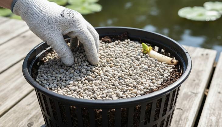 Aplicación de una capa de grava sobre la tierra en una cesta de nenúfar para evitar que el sustrato enturbie el agua del estanque.