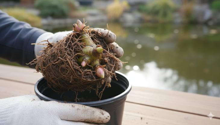Proceso de preparación de un rizoma de nenúfar tropical para su almacenamiento en invierno, una tarea clave para su supervivencia.