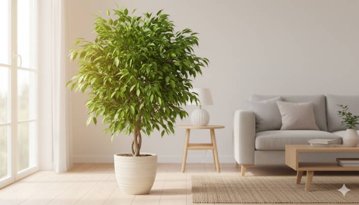 Ficus benjamina saludable y frondoso en una ubicación estable y con luz indirecta brillante, mostrando el entorno de cuidado ideal.