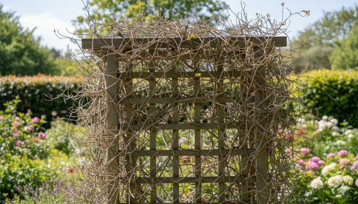 Clematis del Grupo 1 sin flores en primavera debido a una poda incorrecta realizada en invierno, mostrando el error a evitar.