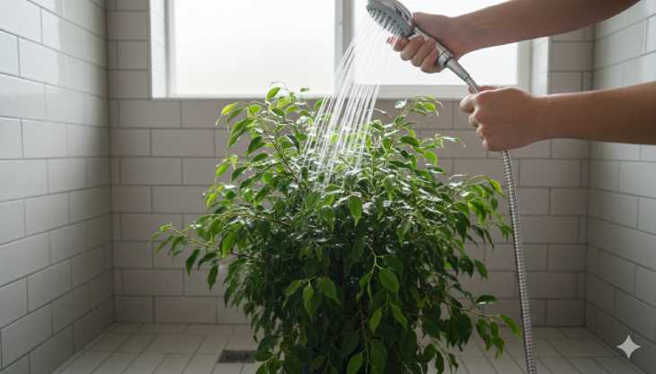 Planta de interior recibiendo una ducha de agua para limpiar los restos de plagas y tratamientos, como la cochinilla algodonosa.