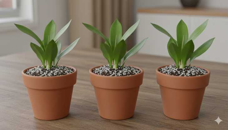 Nuevas plantas de Aspidistra propagadas con éxito y recién trasplantadas en macetas individuales.