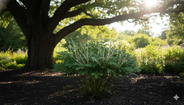 Planta de peonía creciendo en sombra excesiva, lo que provoca tallos débiles y ausencia de botones florales.