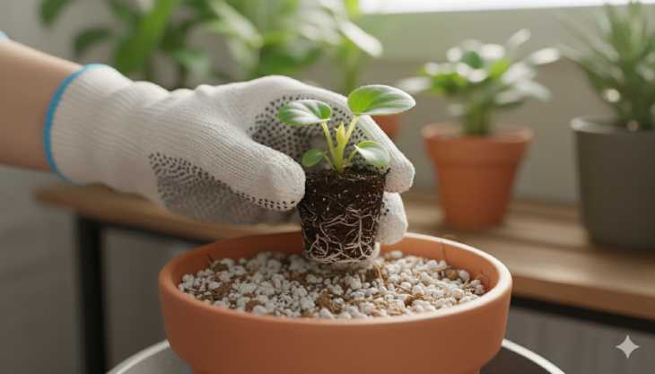 Trasplante de una joven plántula de begonia propagada por esqueje a su primera maceta individual.
