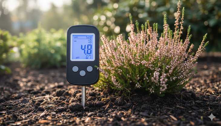 Medición del pH del suelo en un cultivo de Calluna vulgaris para asegurar condiciones ácidas.