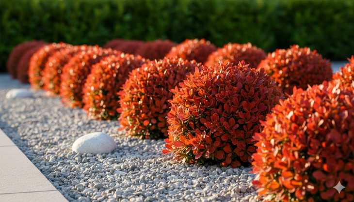 Variedad enana de agracejo rojo utilizada como bordura compacta en una rocalla decorativa.