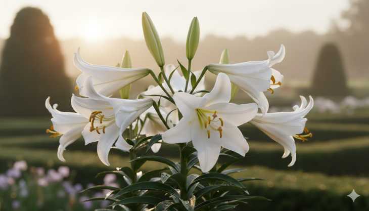Lirios de Pascua o Longiflorum blancos en forma de trompeta, símbolo de pureza en el jardín.