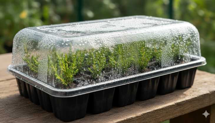 Bandeja de propagación con esquejes de brecina bajo una cúpula de humedad para asegurar un enraizamiento exitoso.