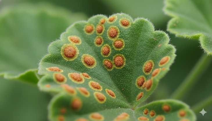 Hongo de la roya en el envés de una hoja de geranio, mostrando puntos de color óxido característicos.