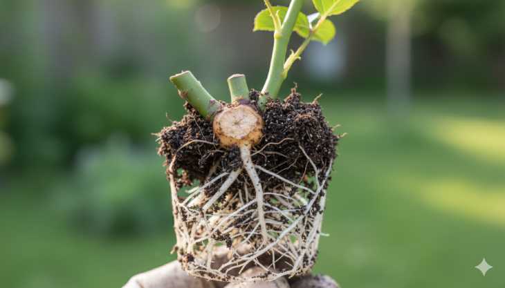 Esqueje de rosal enraizado con éxito, mostrando las nuevas raíces blancas listas para el trasplante.