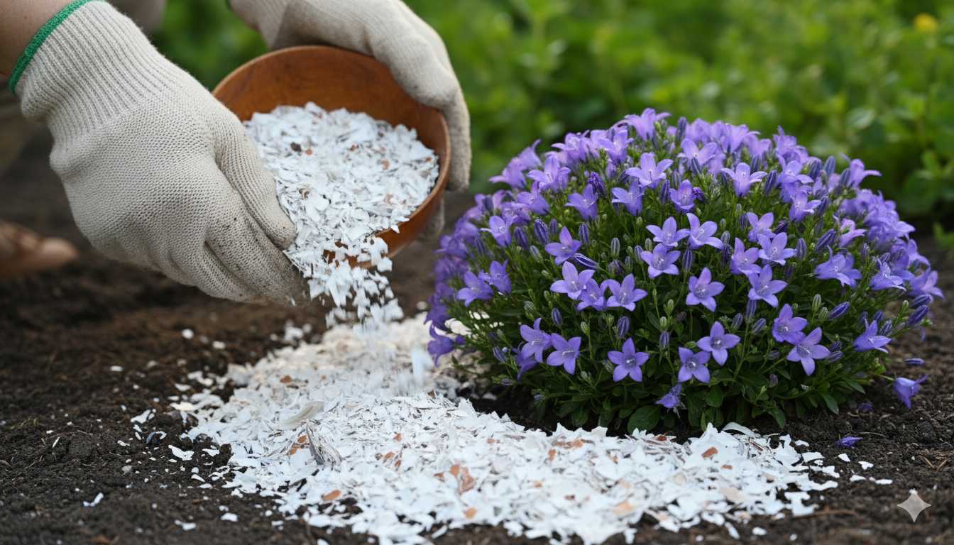 Uso de remedios naturales como cáscaras de huevo para proteger las campanillas de las babosas de forma ecológica.