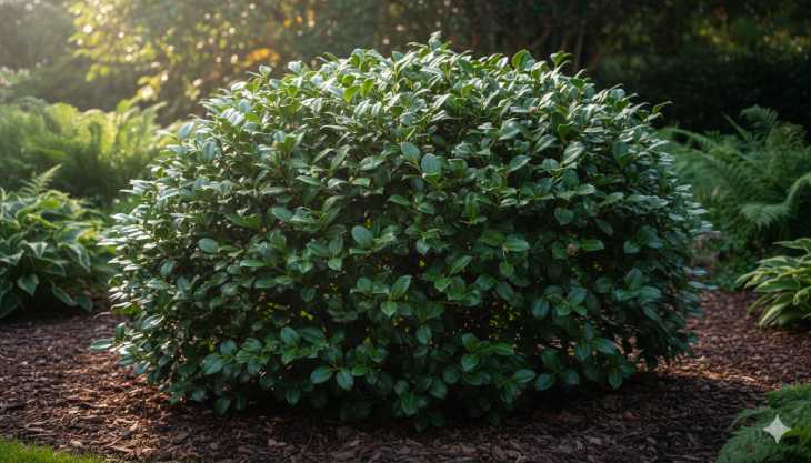 Arbusto de camelia con forma compacta y saludable gracias a una poda de mantenimiento anual correcta.