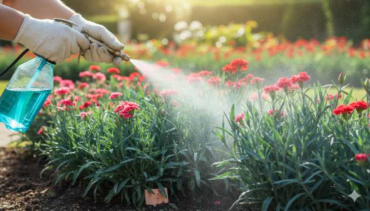 Aplicación de tratamiento preventivo con fungicida de cobre en claveles para evitar enfermedades fúngicas.