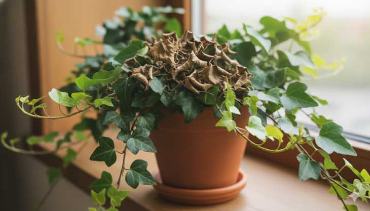 Hiedra recuperada y saludable con brotes verdes nuevos gracias a cuidados naturales.