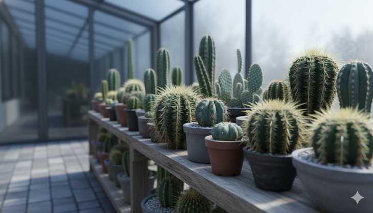 Cactus en reposo invernal (dormancia) en un lugar fresco, paso esencial para inducir la floración en primavera.