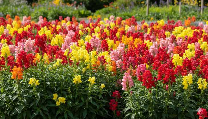 Macizo de bocas de dragón saludables y floridas gracias al uso de remedios naturales y prevención.